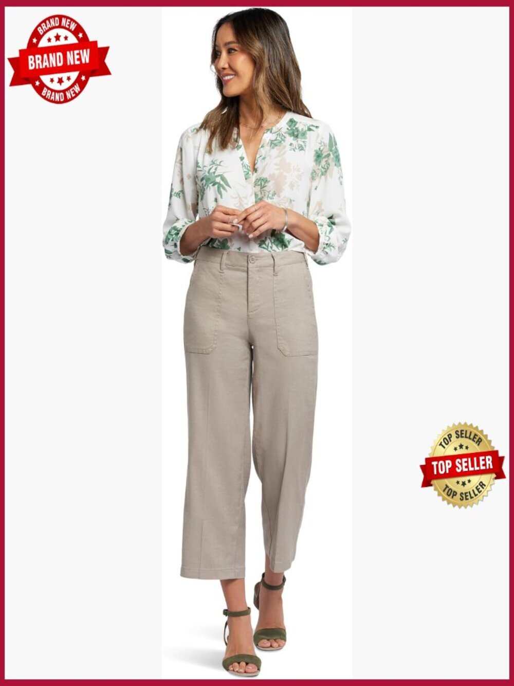 Wide Leg Cropped Cargo Pants in Linen Blend, Stretch Mid Rise